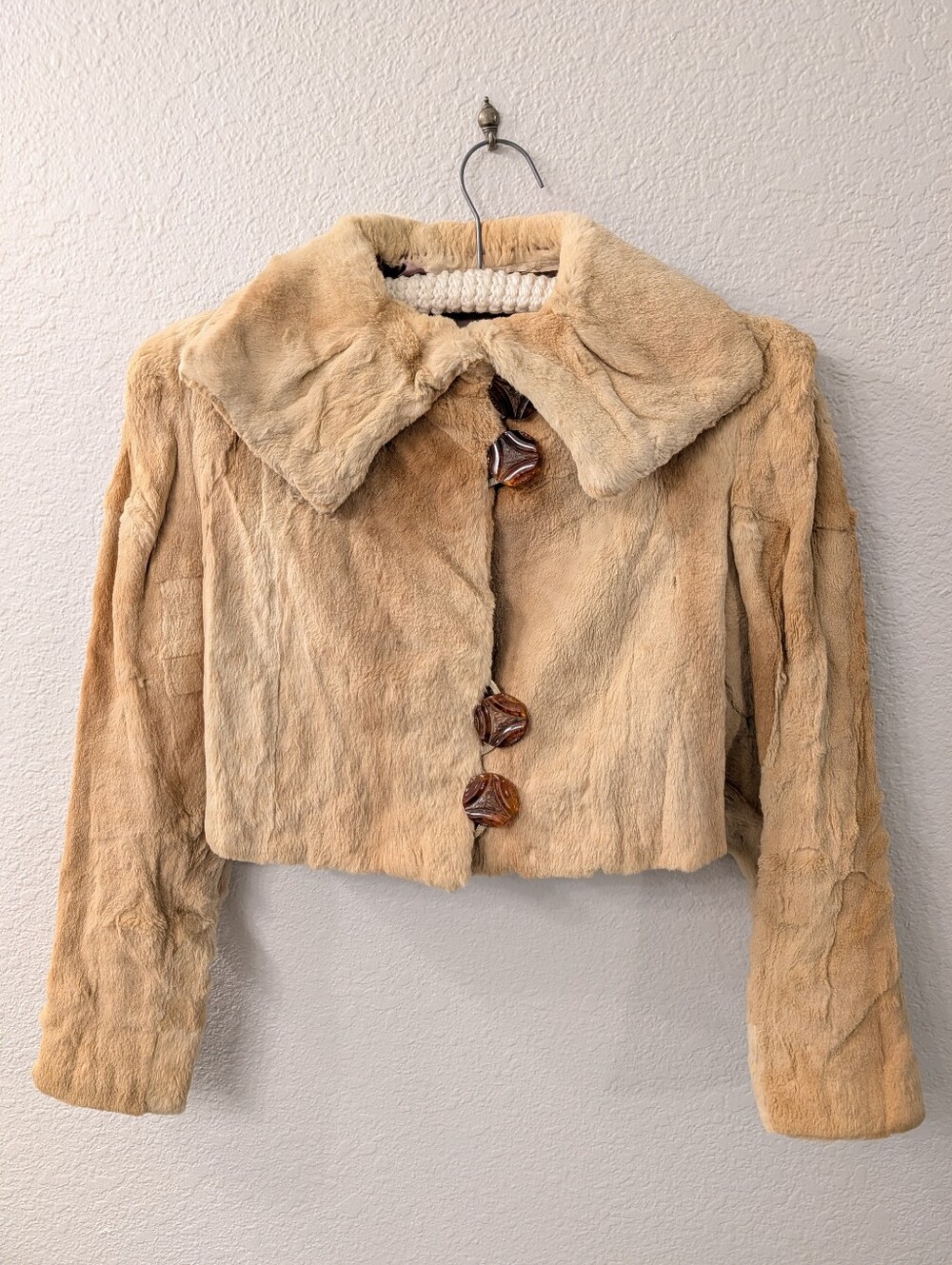 Vintage Cropped Sheared Rabbit Fur Jacket, Large Collar, Bakelite Buttons